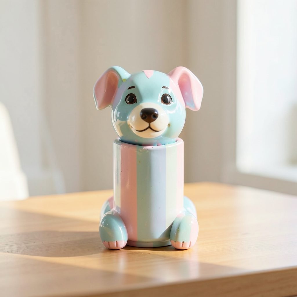 A cheerful pencil holder shaped like a dog, crafted from a repurposed plastic bottle, painted in soft pastel colors on a sunlit desk