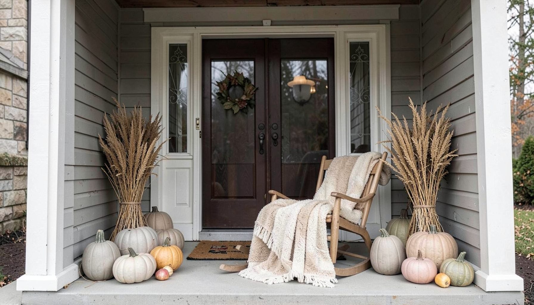A cozy front porch decorated for fall with neutral-toned pumpkins, a soft throw blanket draped on a rocking chair, and dried wheat bundles