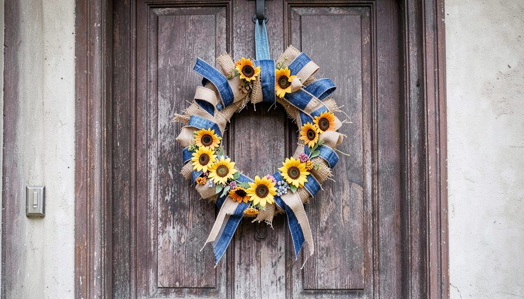 A front door wreath made from burlap ribbons and strips of blue denim, accented with small faux sunflowers, hanging on a rustic wooden door