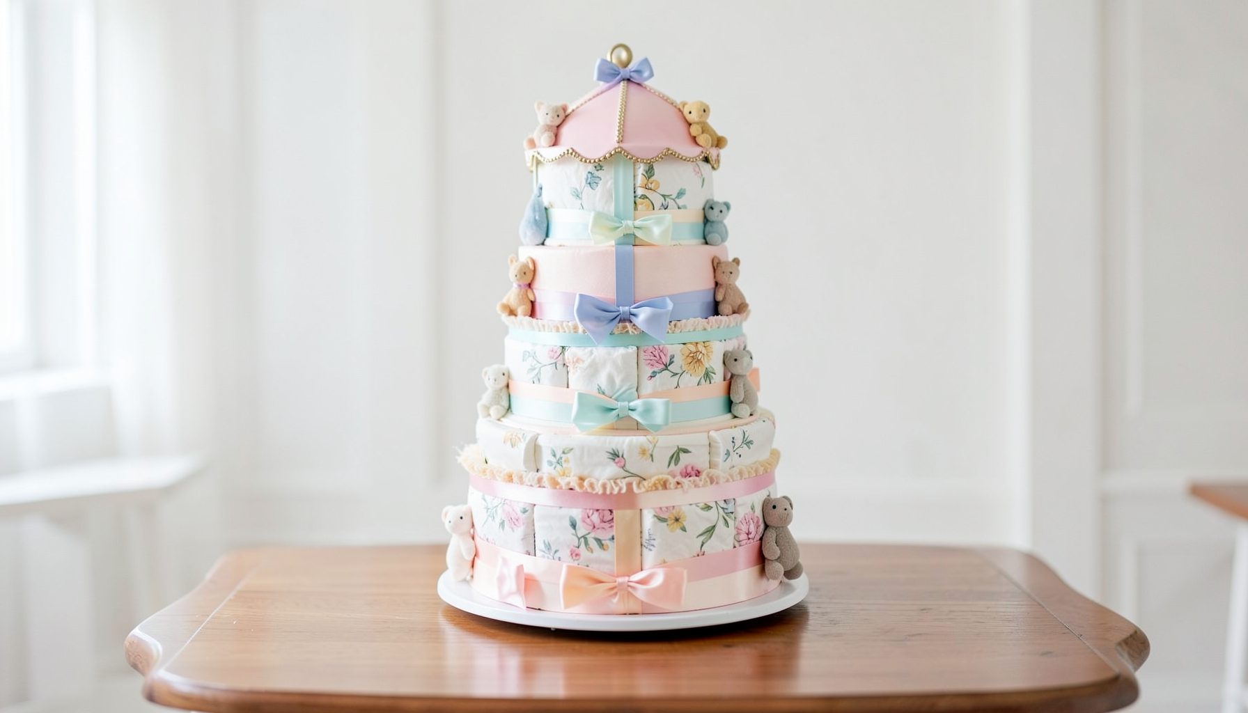 A tiered diaper cake shaped like a carousel, wrapped in pastel ribbons with small plush animal toys peeking from each layer, on a gift table