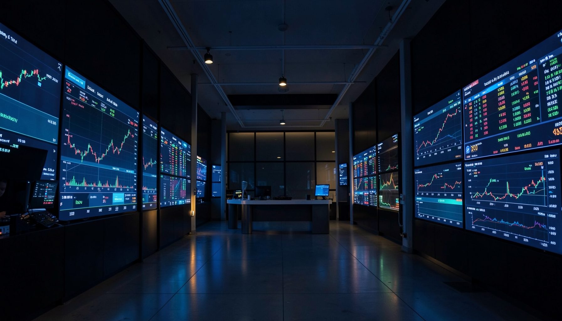 A dimly lit trading floor with glowing screens displaying stock charts and financial data, in cool blues and amber tones.