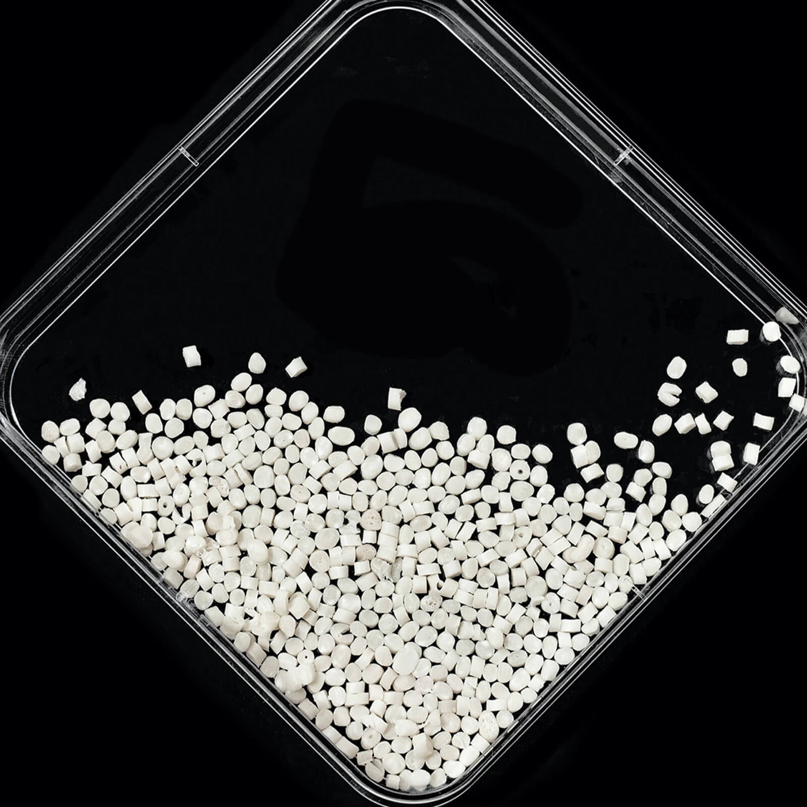 Overhead view of small white pellets scattered in a clear tray against a dark background, clean industrial aesthetic