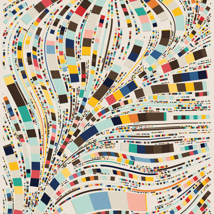Abstract geometric composition with curved lines and blocks in blue, red, yellow, and teal tones