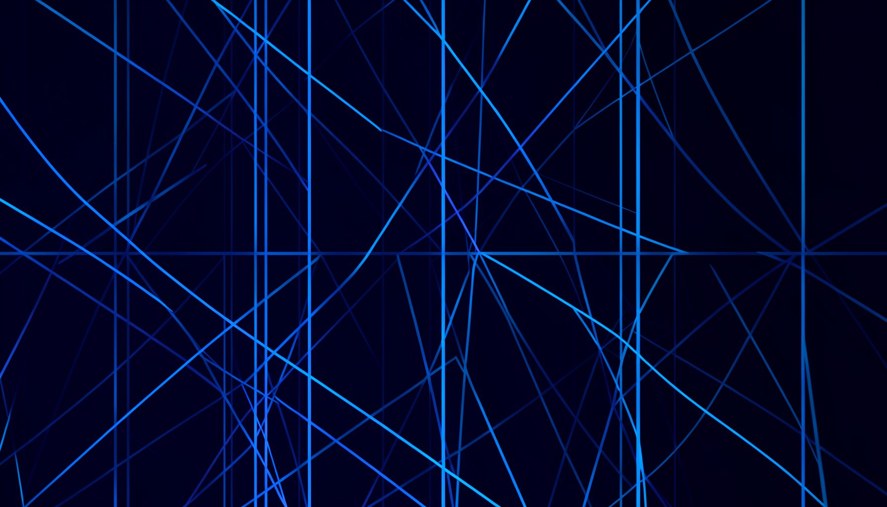 An abstract composition of intersecting lines and geometric shapes suggesting network topology, in deep navy and electric blue.