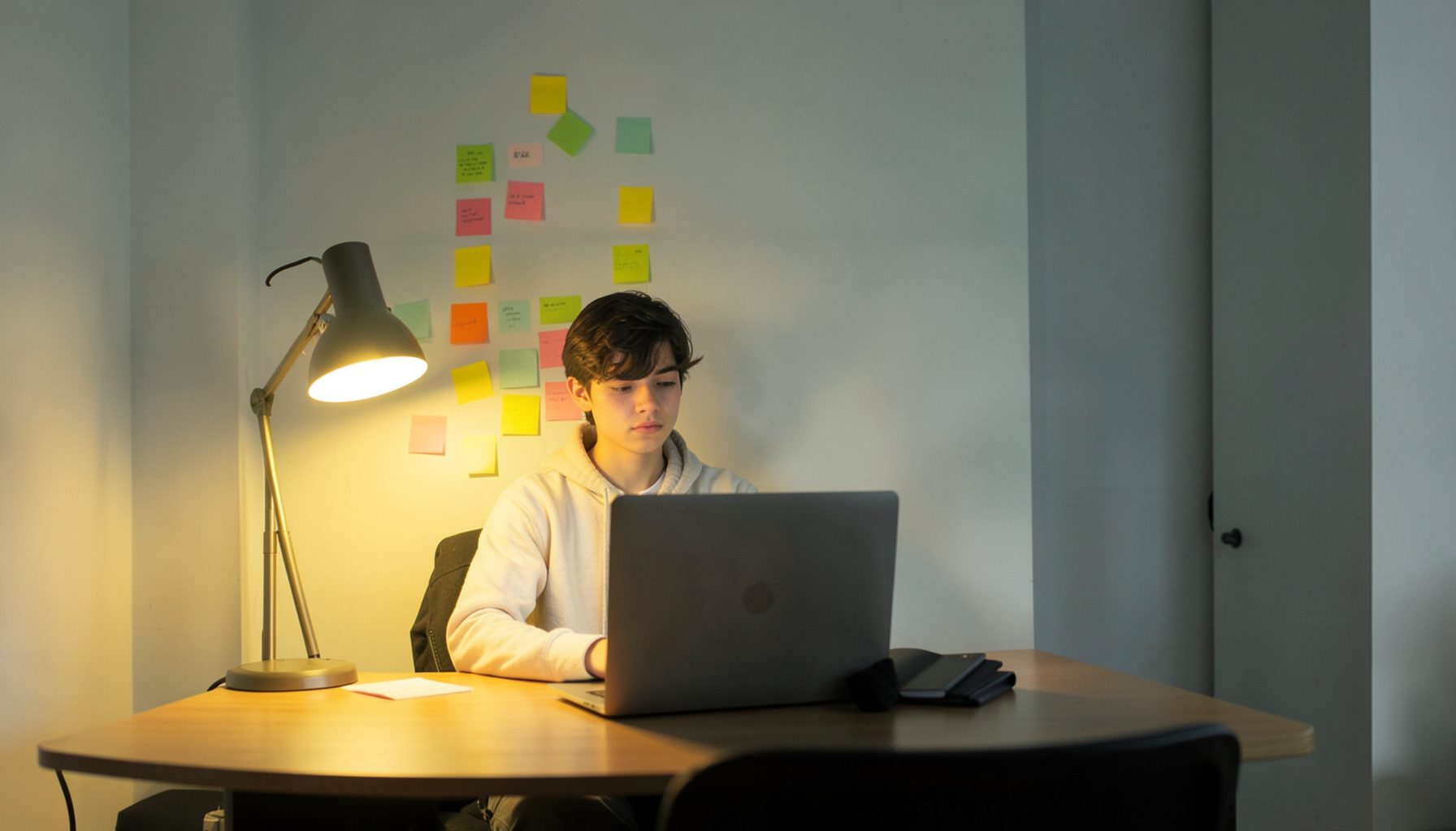 A young person seated at a desk with a laptop, colorful sticky notes on the wall behind, warm desk-lamp glow, in soft yellows and muted blues.
